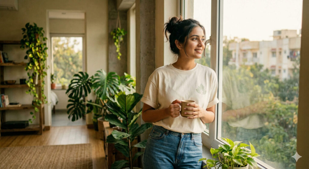 Minimalist lifestyle photography of an Indian person wearing a sustainable cotton t-shirt in a sunlit, eco-friendly home. This image represents the conscious wardrobe and sustainable fashion movement in India, featuring natural lighting and indoor greenery.
