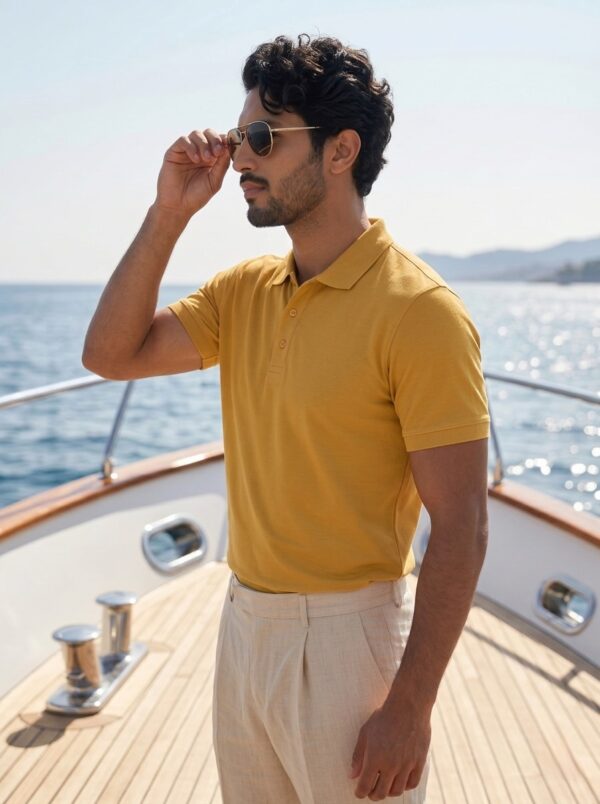 Ecothreadly Mens Heavyweight 220 Gsm Cotton Polo In Mustard Yellow Left