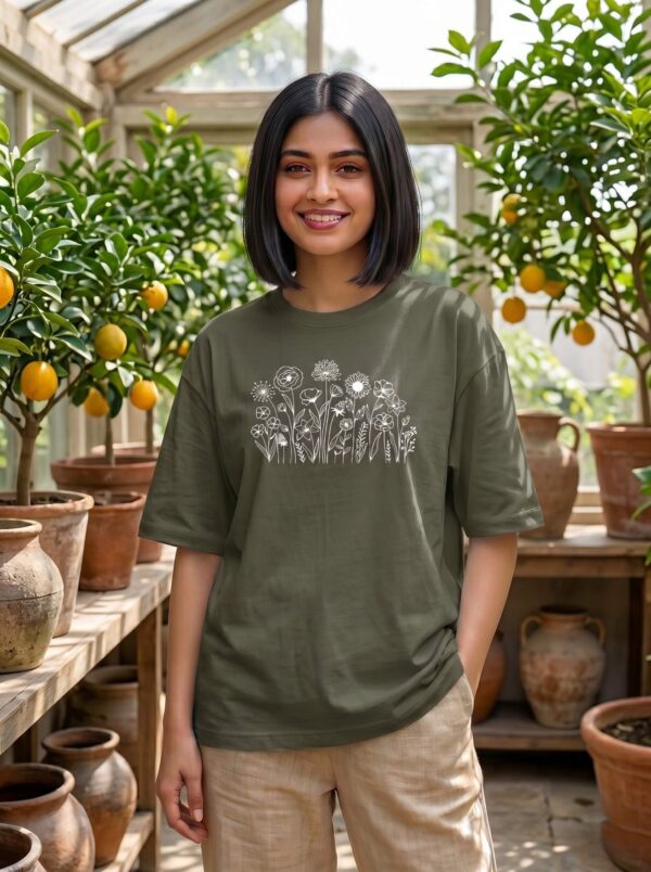 Heavyweight 100 Cotton Wildflower Tee For Women In Olive Green