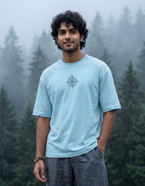 Heavyweight Oversized Cotton Compass Tee For Men Baby Blue