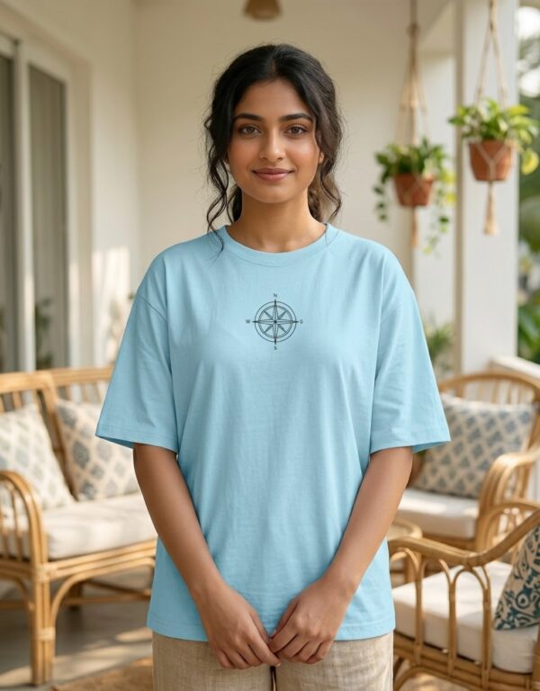 Heavyweight Oversized Cotton Compass Tee For Women Baby Blue