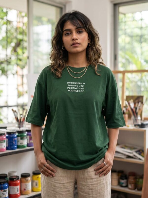 Heavyweight Positive Mind Oversized Tee For Women Bottle Green