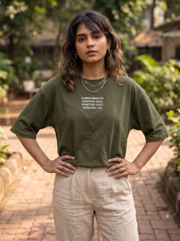 Heavyweight Positive Mind Oversized Tee For Women Olive Green