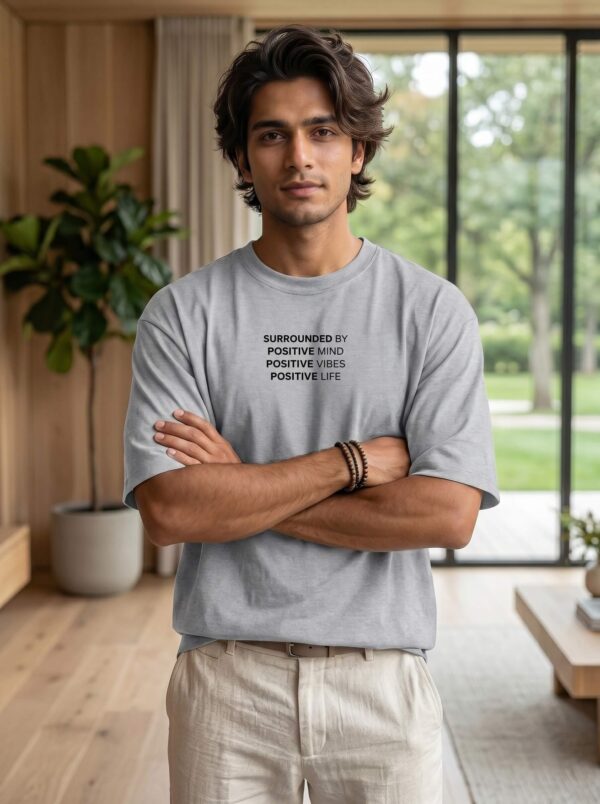 Heavyweight Positive Vibes Oversized Tee For Men Grey Melange