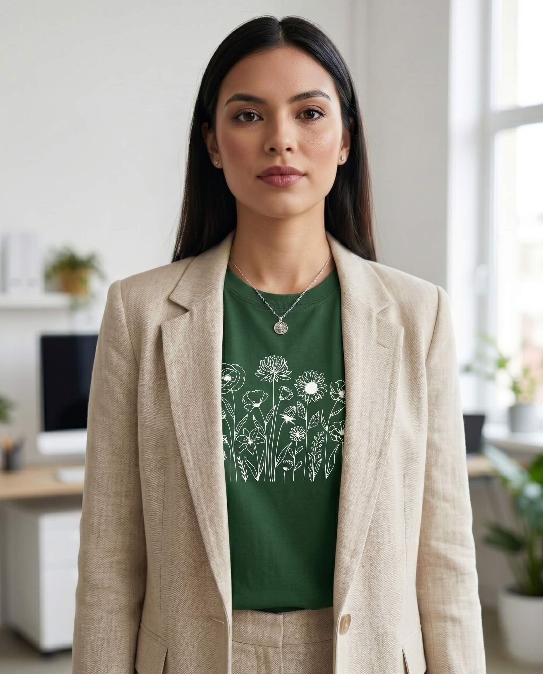 A close-up of a person wearing an Ecothreadly graphic tee styled under a linen blazer for an office-ready look.