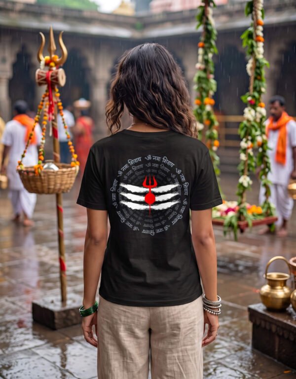 Sacred Mahadev Trishul Graphic Tee For Women In Black Back