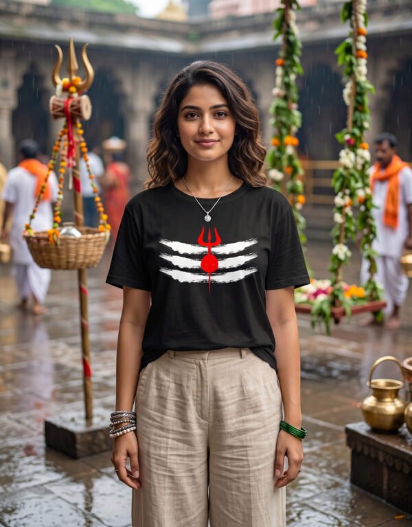 Sacred Mahadev Trishul Graphic Tee For Women In Black Front